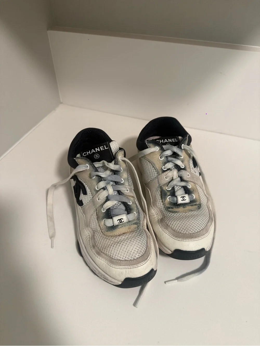 CHANEL White and Black Logo Women's Sneakers SIZE 38
